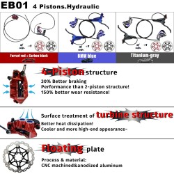 Kit completo de travões hidráulicos Monorim EB01 de 4 pistões - manetes, pinças, cabo e disco de travão Monorim - 8 Kit completo